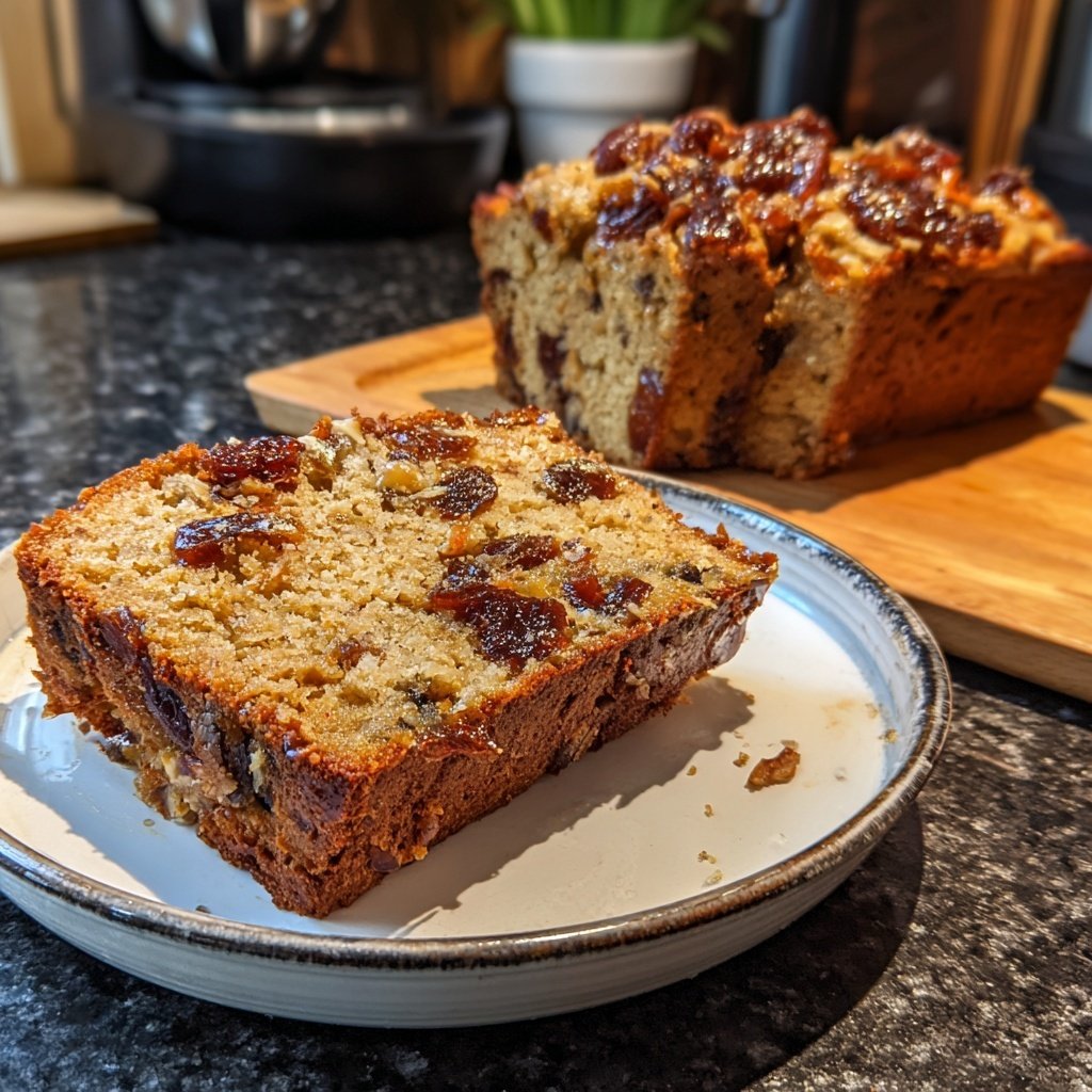 Bananenbrot mit Mandelmus und Datteln