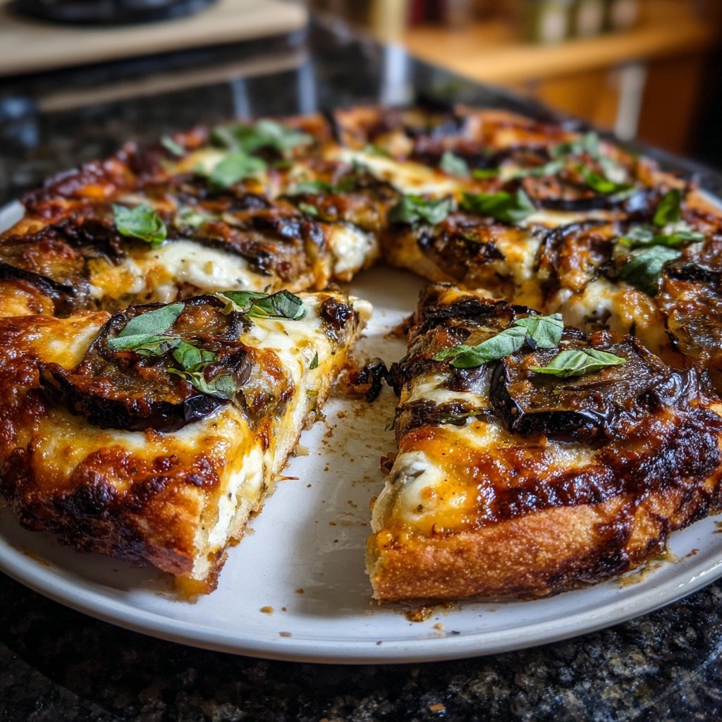 Pizza mit Aubergine und Mozzarella
